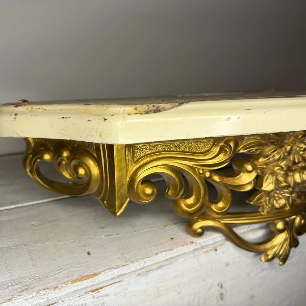 Vtg 1965s Gold Ornate Rose & Marble Wall Shelf Dart Syroco Hollywood Regency MCM
